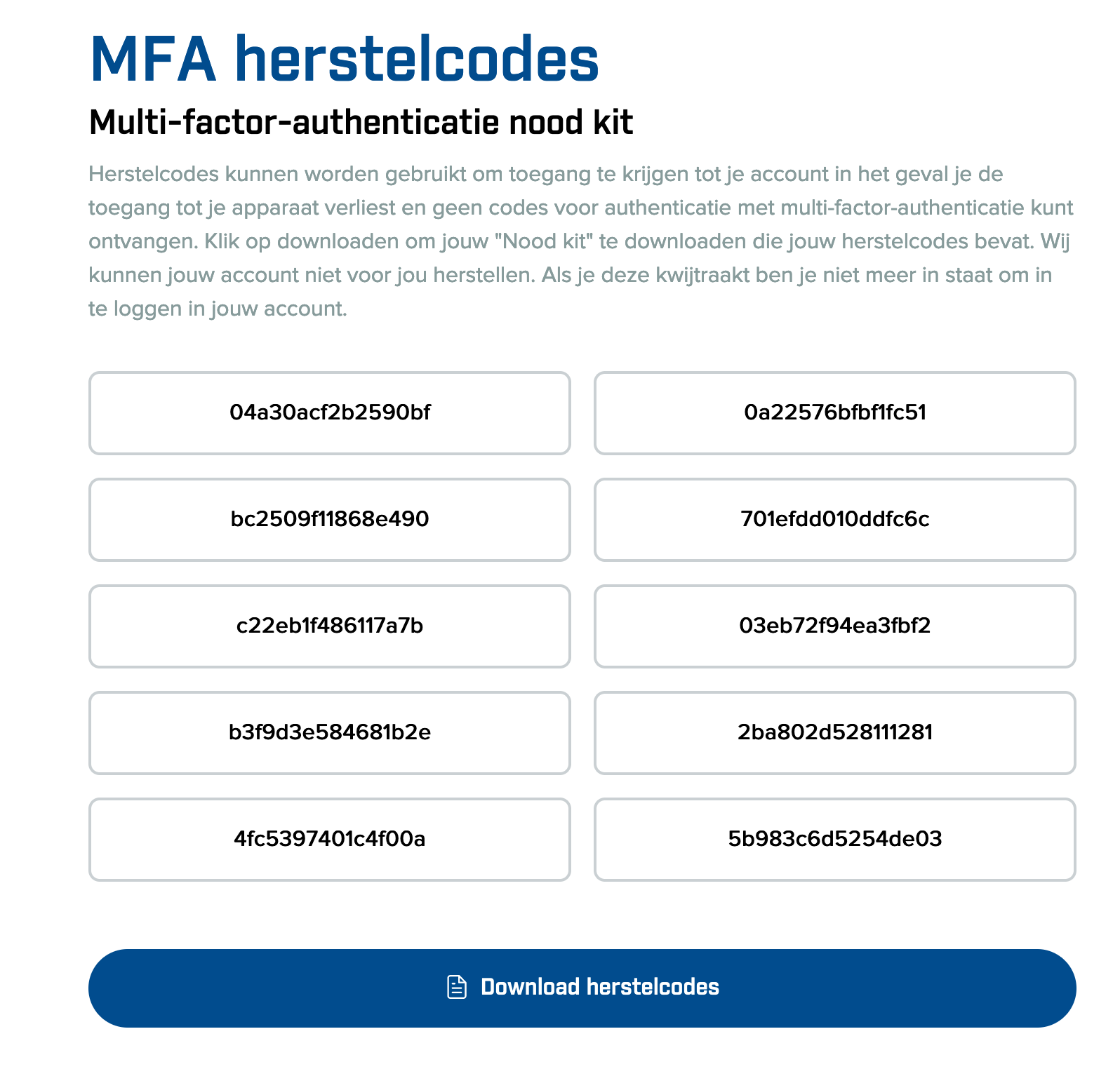 Screenshot Multi-factor-authentication recovery codes