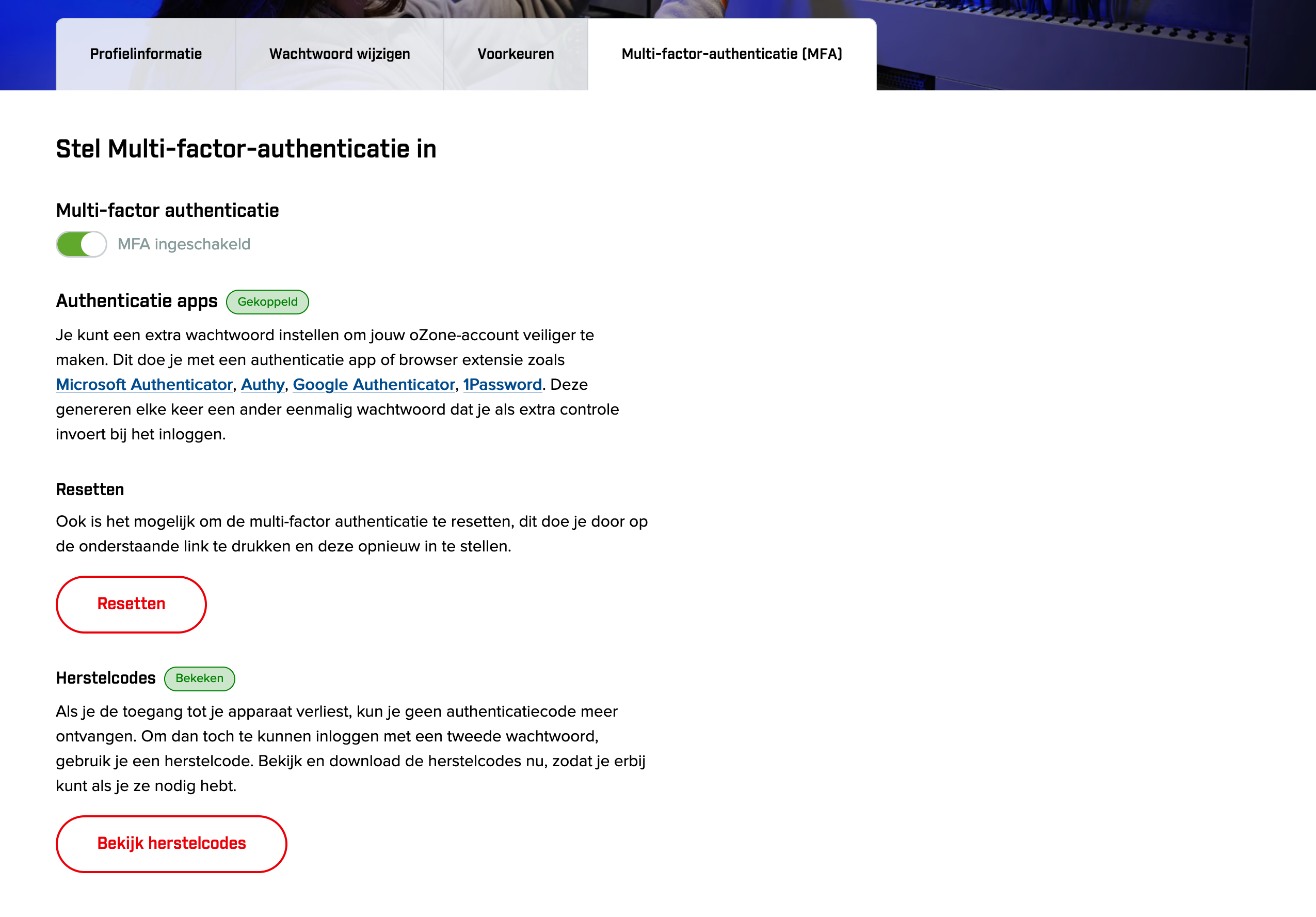 Screenshot Multi-factor-authentication setup geactiveerd