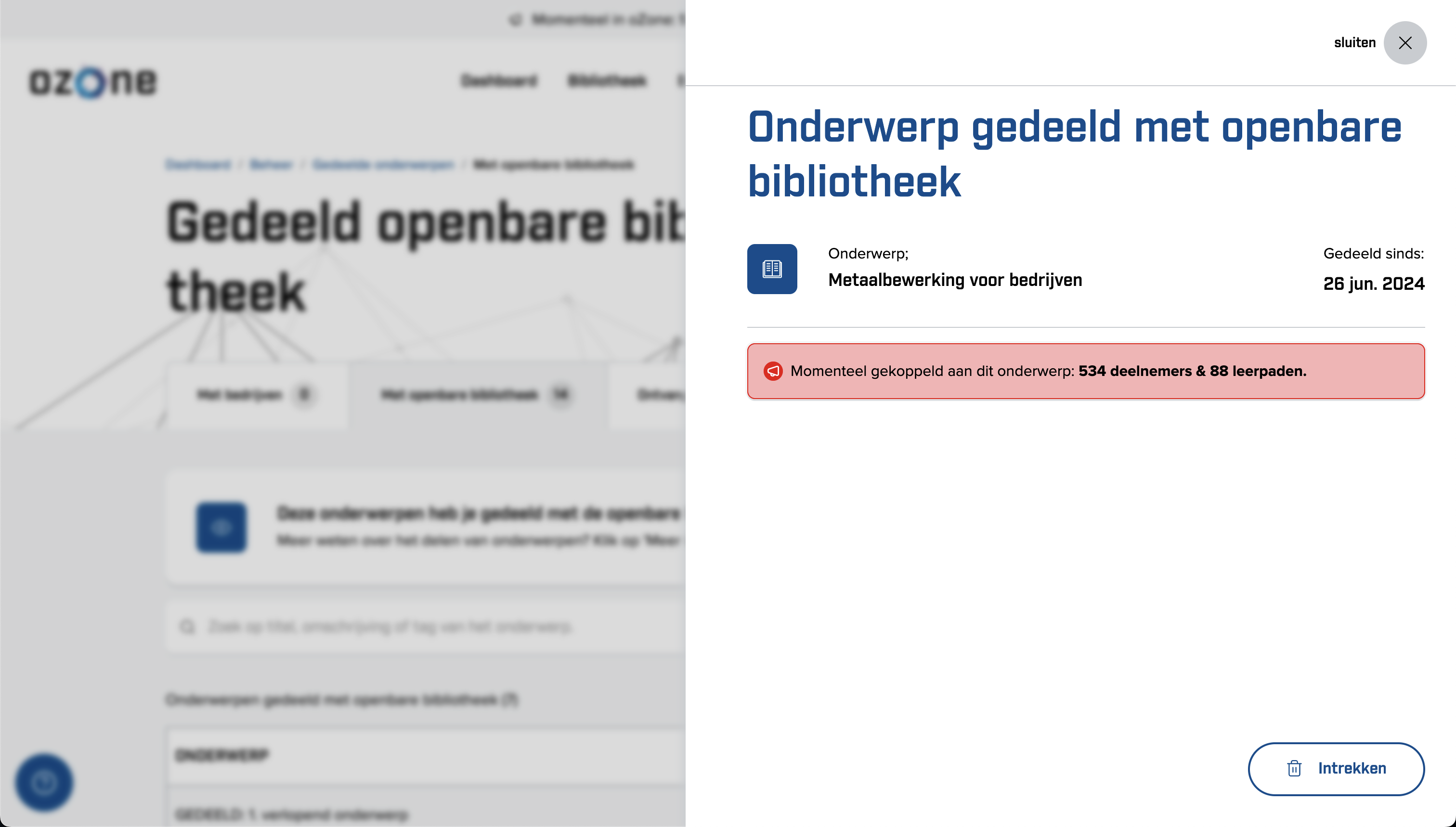 Screenshot Openbaar gedeeld onderwerp intrekken