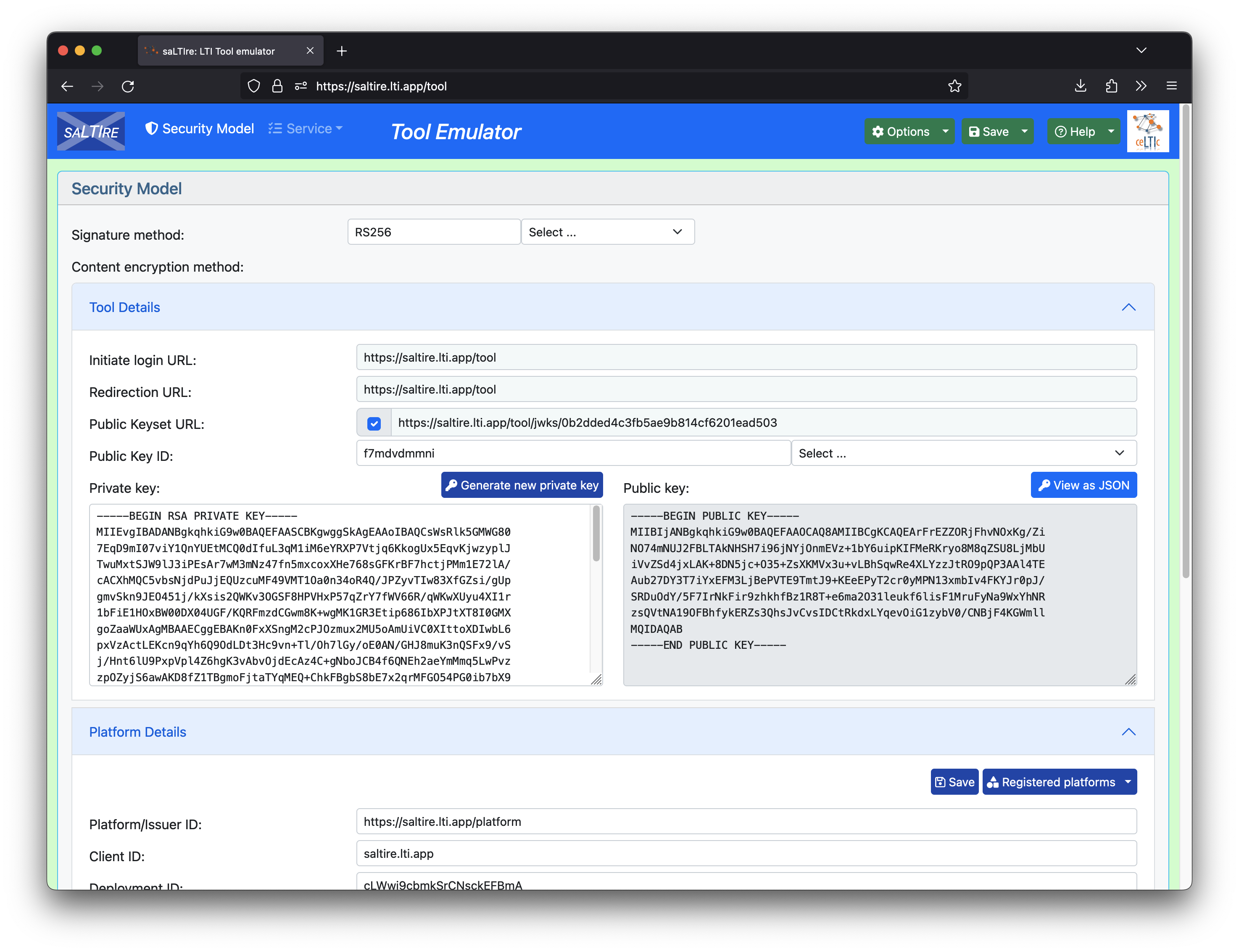 Screenshot Saltire LTI-configuratie pagina