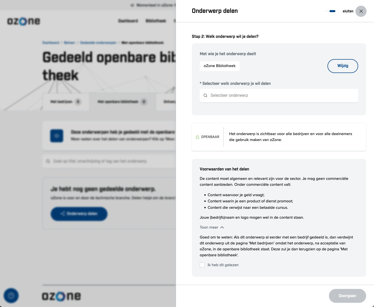 Screenshot Onderwerp delen met oZone bibliotheek - kies onderwerp