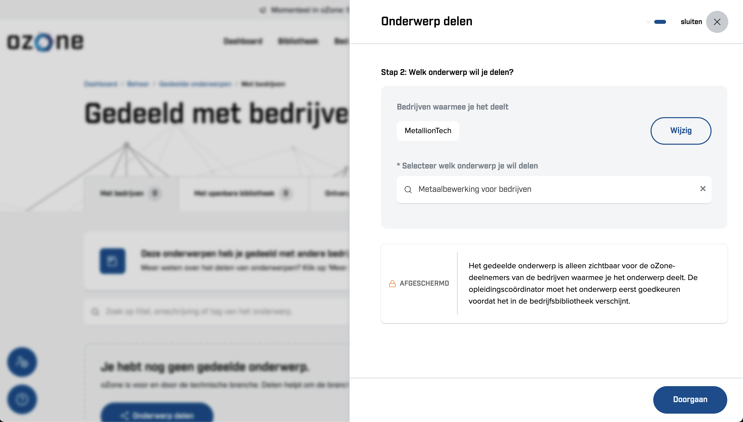 Screenshot Onderwerp delen met ander bedrijf - kies onderwerp